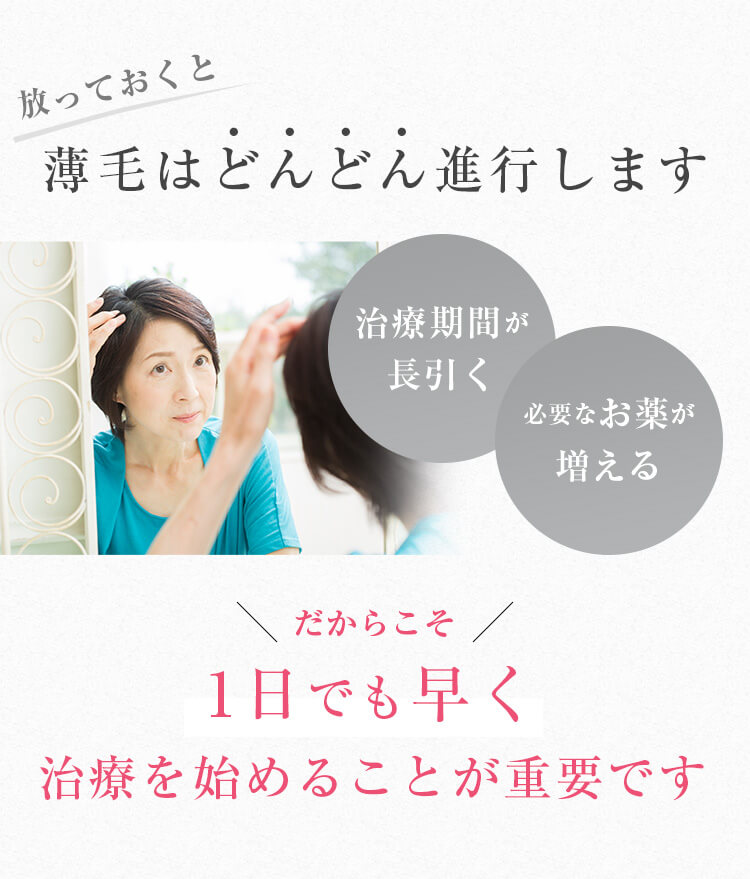 放っておくと薄毛はどんどん進行します。1日でも早く治療を始めることが重要です