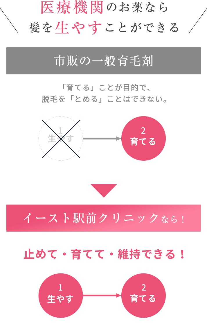 医療機関のお薬なら髪を生やすことができる。イースト駅前クリニックなら 髪を生やして、育てられる！