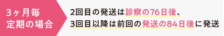 3ヶ月毎定期の場合：2回目の発送は診察の76日後、3回目以降は前回の発送の84日後に発送